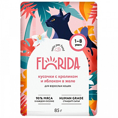 FLORIDA Флорида влажный корм для взрослых кошек, кусочки с кроликом и яблоком в желе, 85 г
