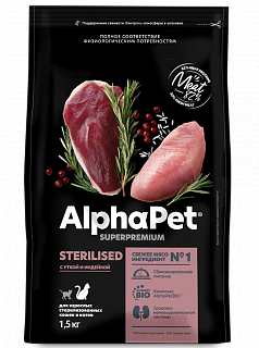 AlphaPet Superpremium сухой корм для стерилизованных кошек, утка и индейка