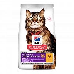Hill's Science Plan Sensitive Stomach & Skin Хиллс корм для взрослых кошек с чувствительным пищеварением и кожей, курица